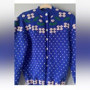 Pure Wool Cardigan Sweater Hand Made Blue Floral M/L Vintage
